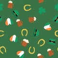 Seamless pattern for Saint Patrick`s Day. Leprechaun`s hat, horseshoe, beer and heart in irish flag colors Royalty Free Stock Photo