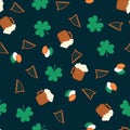 Seamless pattern for Saint Patrick`s Day. Shamrock, harp, beer and balloons in irish flag colors Royalty Free Stock Photo