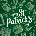 Saint Patrick Day. hat, Pot coins, pipe, beer, lyre, horseshoe Royalty Free Stock Photo