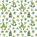 Seamless pattern for Saintt Patrick design with gnomes, lucky clover leaves. Watercolor cute dwarf repeated backdrop in