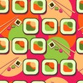 Seamless pattern with salmon fillet. Red flesh fish. sushi pattern.Advertising sushi and rolls. Asian food. Japanese food