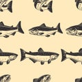 Seamless pattern with salmons. Seafood pattern. Design element for poster, card, banner, flyer.