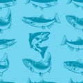 Seamless pattern with salmons. Seafood pattern. Design element for poster, card, banner, flyer.