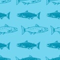 Seamless pattern with salmons. Seafood pattern. Design element for poster, card, banner, flyer.