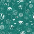 Seamless pattern with saltwater fishes, shells, seastars and corals.