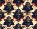Seamless Pattern of Samurai Helmets and Masks with Ornate Details Royalty Free Stock Photo