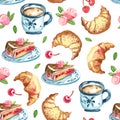 Seamless pattern of sandwich cake on the dish, cup of coffe an