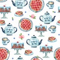 Seamless pattern of sandwich cake on the dish, cup of coffe