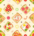 Seamless Pattern With Sandwiches Consists Of Various Fillings Such As Cheese, Tomato, And Ham. Repeating Design