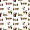 A seamless pattern, Santa Claus with baskets full of Christmas and New Year decor