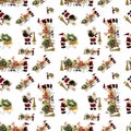 A seamless pattern, Santa Claus with baskets full of Christmas and New Year decor