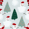 Seamless pattern with Santa, snowmen and Christmas trees