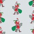 Seamless pattern of Santa Claus walking with christmas tree and gifts bag