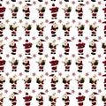 A seamless pattern, Santa in a red suit and with a bag of gifts for Christmas and New Year, is edict on white
