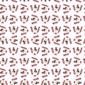 A seamless pattern of Santa`s figurines and the inscription happy new year arced against a white background