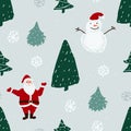 Seamless pattern with Santa, snowmen and Christmas trees