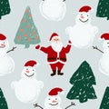 Seamless pattern with Santa, snowmen and Christmas trees