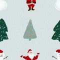 Seamless pattern with Santa, snowmen and Christmas trees