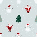 Seamless pattern with Santa, snowmen and Christmas trees