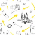 Seamless pattern with the Santiago de Compostela Archcathedral Basilica yellow arrow and pilgrim needed things. Backpack