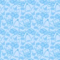 Seamless pattern with sauna wooden scoop, bucket and hat on dark blue background. Vector illustration.