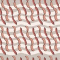 Seamless pattern with sausage. Food. Hand drawn Meat products on a waves background: smoked sausages, baked meatloaf, frankfurter