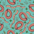 Seamless pattern with sausage and spices. Food. Hand drawn Meat products on a blue background: smoked sausages, baked meatloaf, f