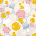 Seamless pattern with saving pigs and money.