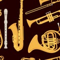 Seamless pattern Saxophone and classical French horn musical instrument with flowing musical notes vector illustration Royalty Free Stock Photo