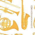 Seamless pattern Saxophone and classical French horn musical instrument with flowing musical notes vector illustration Royalty Free Stock Photo