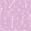 Seamless pattern with saxophones, notes, guitars.