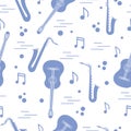 Seamless pattern with saxophones, notes, guitars