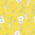 Seamless pattern with saxophones, notes, guitars