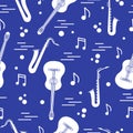 Seamless pattern with saxophones, notes, guitars.