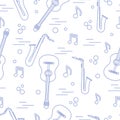 Seamless pattern with saxophones, notes, guitars.