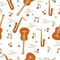 Seamless pattern with saxophones, notes, guitars.