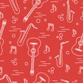 Seamless pattern with saxophones, notes, guitars.