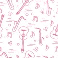 Seamless pattern with saxophones, notes, guitars.