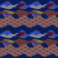 Seamless pattern scales simple Nature background with japanese wave circle dark brown burgundy maroon green Ultramarine cobalt blu