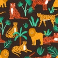 Seamless pattern with scandinavian childish african wild animals. Backdrop with funny lion, tiger, leopard and tropical Royalty Free Stock Photo