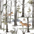 Seamless pattern scandinavian illustrations fox animal in forest. Realistic winter cute walking red wild fox isolated illustration Royalty Free Stock Photo