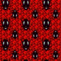 seamless pattern of a scarab beetles, vector insect in shiny black color isolated on a red vibrant color floral background