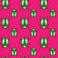 seamless pattern of a scarab beetles, vector insect in shiny green color isolated on a pink vibrant color background