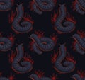 Seamless pattern with scary centipedes with foliage and leaves on dark gray background. Vector texture with julida and stems