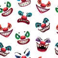 Seamless pattern with scary clown faces on the white background.