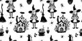 Seamless pattern with scary houses, cute witches, brooms, black cats and cauldrons on white background.