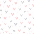 Seamless pattern with scattered hearts and dots. Cute girly print.