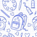 Seamless pattern with school backpack, supplies and creative elements in sketch style on a white checkered background Royalty Free Stock Photo