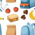 Seamless pattern. School bag and Lunch paper bag with juice, apple and sandwich. Recycle brown paper bag. Flat vector illustration