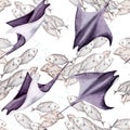 Seamless pattern with school of fish and manta rays swimming together. Hand drawn watercolor illustration isolated on white